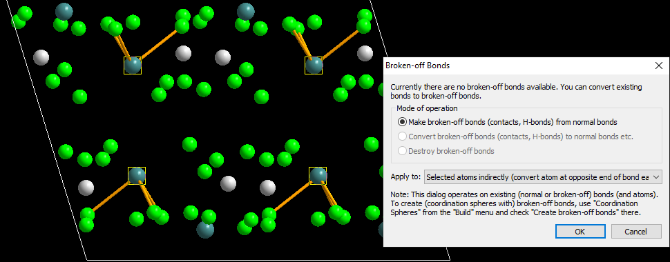 Broken-off Bonds dialog with atoms in coordination spheres selected