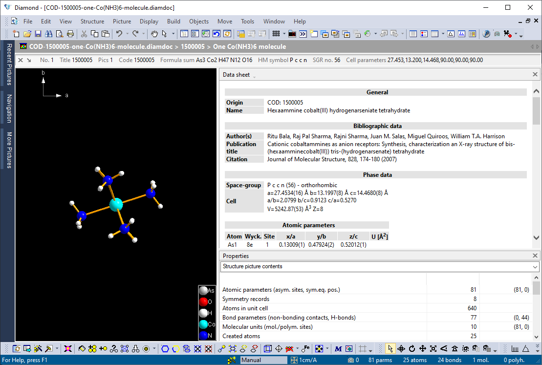 Data sheet and contents of structure picture in the Properties view