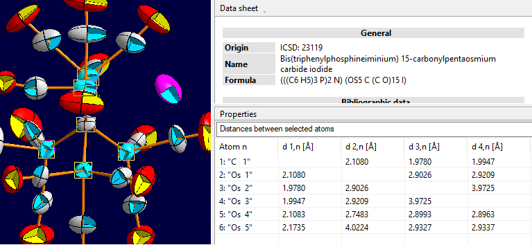 Screenshot with six atoms selected and distances matrix in the properties pane