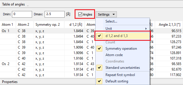 Settings to see both angles and distances d12 and d13