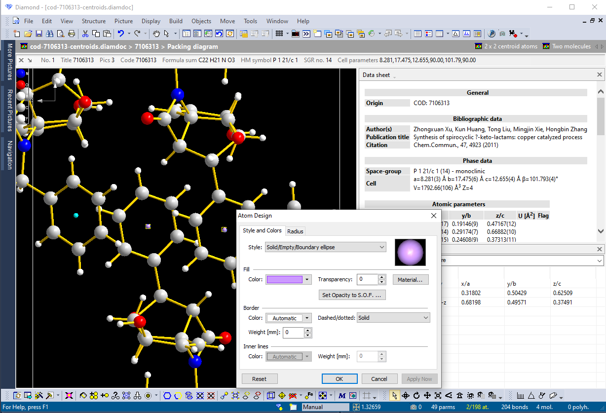 Screenshot of structure picture in Picture Edit view with some atoms marked as selected and Atom Design dialog open