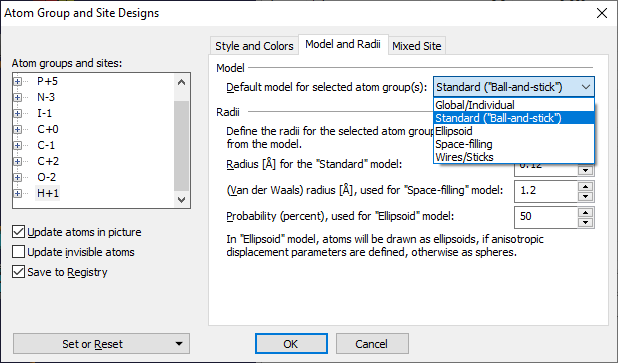Atom Group and Site Designs dialog defining a deviating model for H atoms