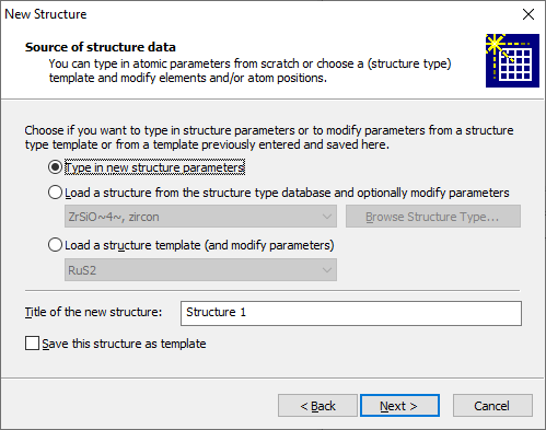 Screenshot of New Structure Assistant, Source of structure data page