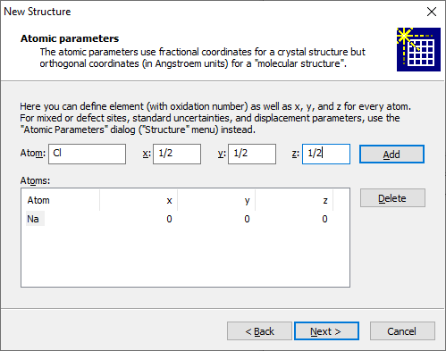 Screenshot of New Structure Assistant, Atomic parameters page