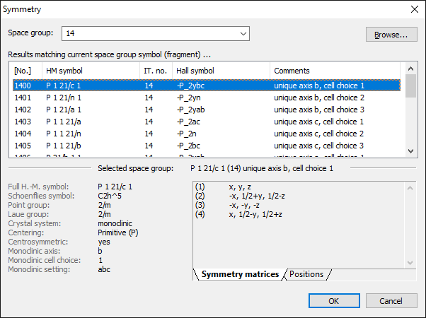Symmetry dialog with a list of settings for Int.Tables space group no. 14