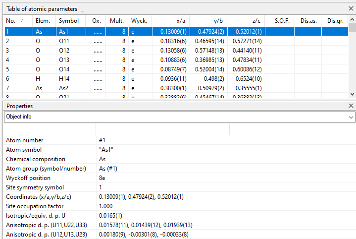 Screenshot of table of atomic parameters and properties of selected atom As1