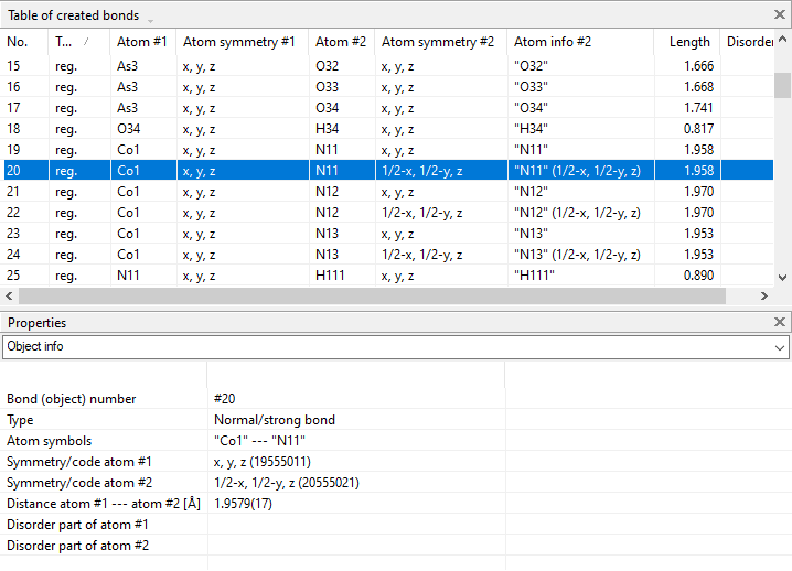 Screenshot of table of created bonds with properties of selected bond below