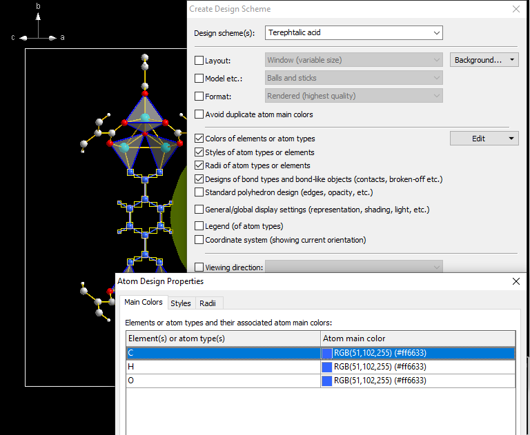 MOF-5 compound COD:1516287 with one terephtalate unit selected and Create Design Scheme dialog open