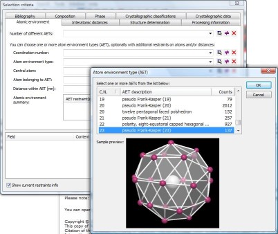 Selection criteria dialog with atomic environment type selection dialog. Click to enlarge.